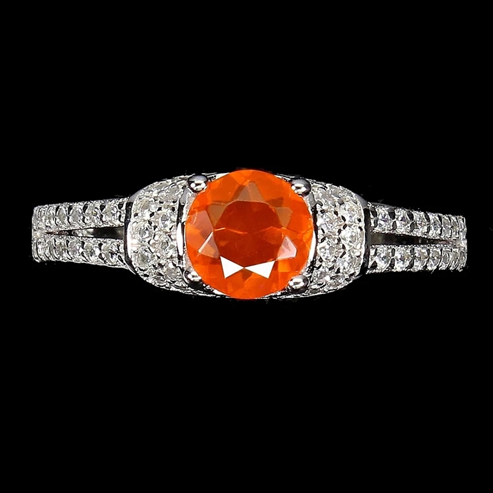 Clarity Enhanced Natural Orange Opal‎ 6mm & Cz 925 Sterling Silver Ring Sz 6.75